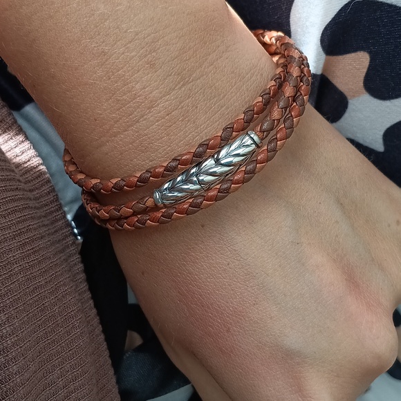 David Yurman Brown Leather Sterling Silver Chevron Triple Row Wrap Brace… - Picture 2 of 4